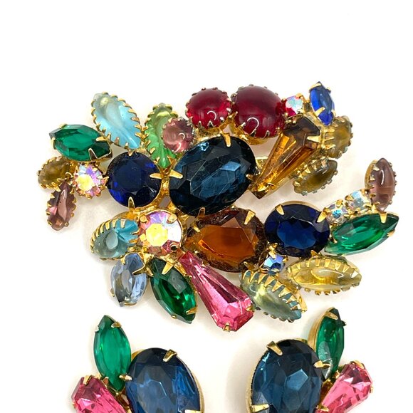 Vintage Unsigned Tutti Frutti Fruit Salad Rhinestone Brooch Clip Earrings Set - Picture 4 of 13